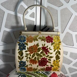 Vintage Floral Cut Velvet Cream Frame-Top Handbag